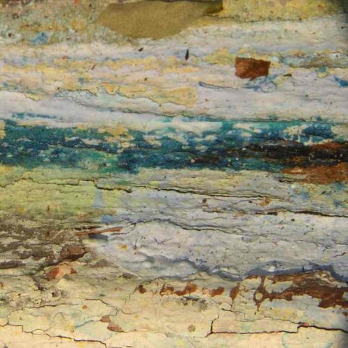 Detailbild meiner Staffelei, auf der sich viele Schichten Acryl abgelagert haben.