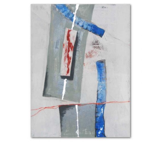 Großformatiges Acrylbild in weiß und grau mit roten und blauen Elementen