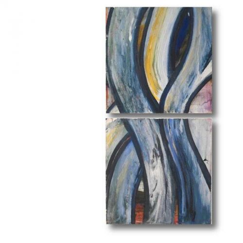 2-teiliges abstraktes Acrylbild in Jeansfarben mit Akzenten in weiß, gelb und rot