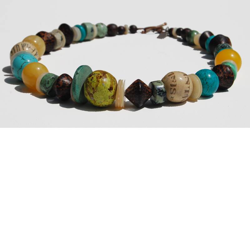 Vollbild Halskette in sommerlichen Farben mit Bakelitperlen, Palmholz und Türkisen