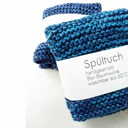Blaues gestricktes Spültuch mit Banderole, Bio-Baumwolle