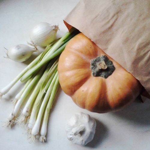 Papiertüte mit Gemüseeinkauf - Kürbis, Knoblauch, Zwiebeln, Frühlingszwiebeln